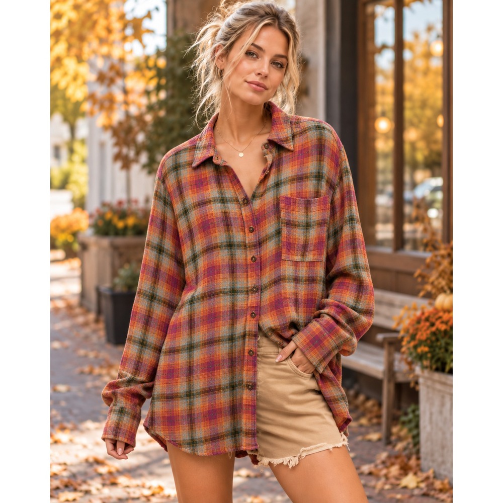 Pilcro Plaid Button Down Shirt Medium Long Sleeve Pockets Orange Purple Anthro - Picture 12 of 13